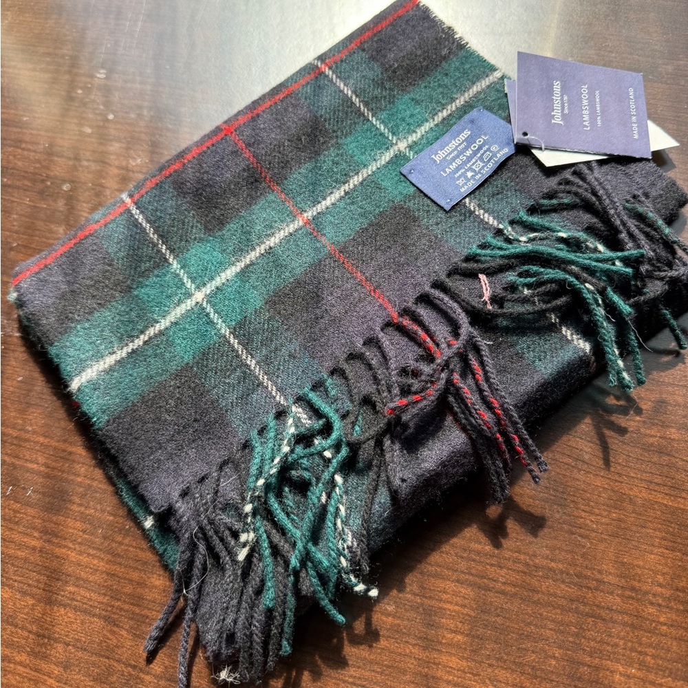 Johnston’s of Elgin Tartan (MacKenzie) Scarf in Green and Black, Wool. Scotland.
